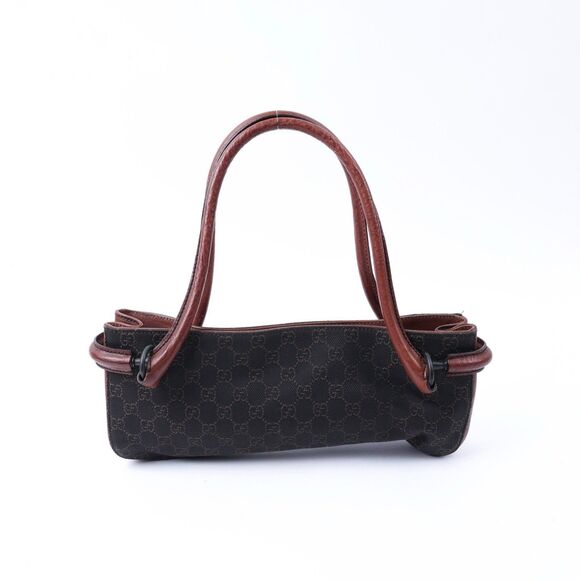 Gucci Brown GG Canvas Horsebit Handbag Dark brown calf Leather baguette